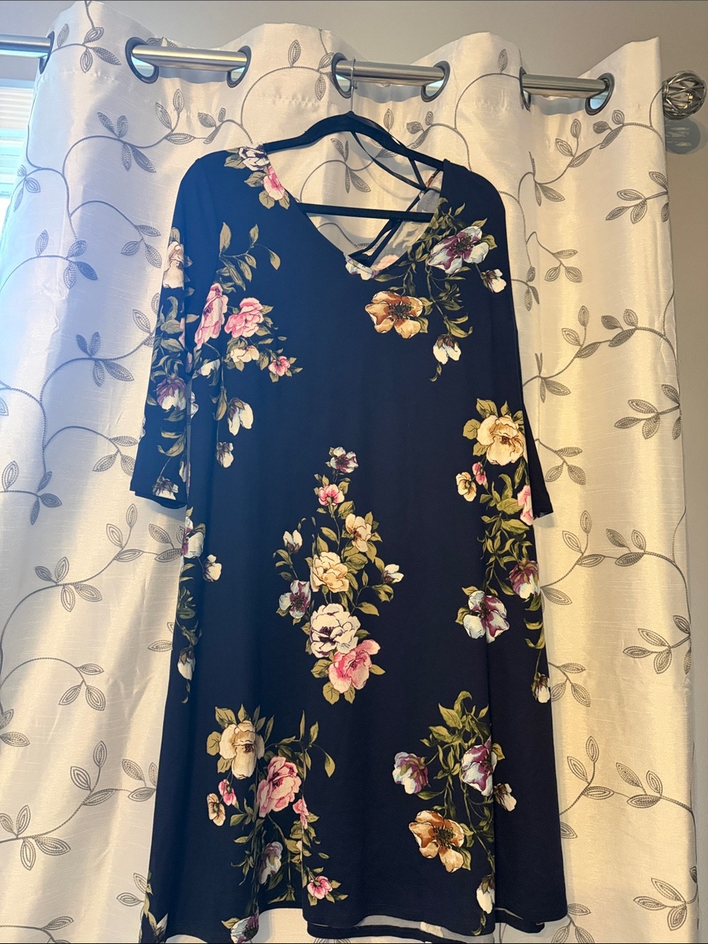 Floral V-Neck Blue Swing Dress with Crisscross Back